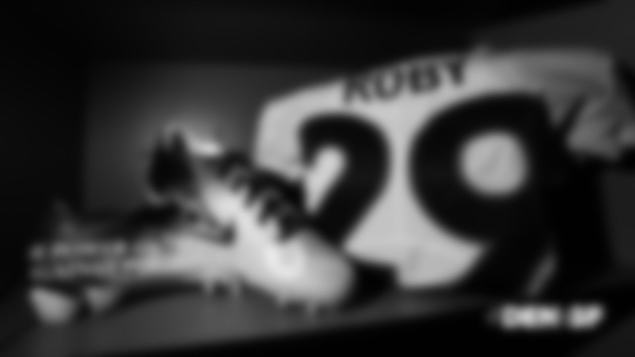 Bradley Roby's jersey and custom cleats representing Oxfam for My Cause My Cleats in the locker room before the Broncos' Week 14 game against the San Francisco 49ers at Levi's Stadium on December 9, 2018.