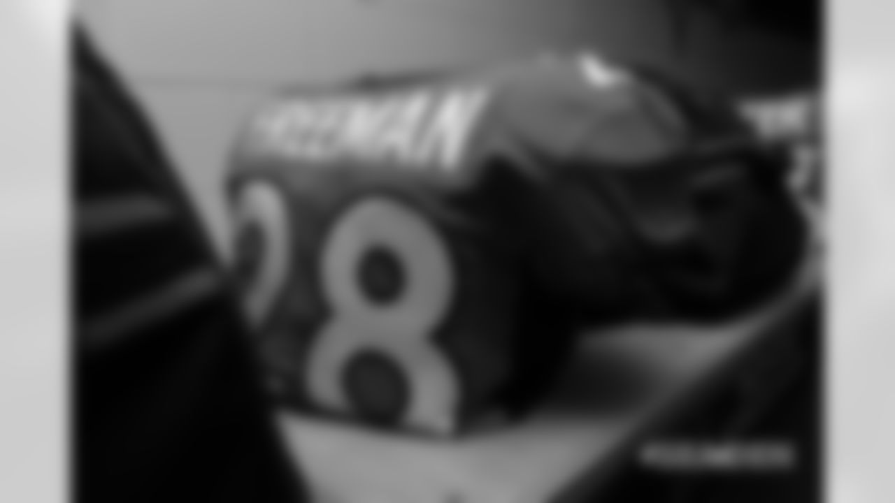 Royce Freeman's jersey in the locker room pregame before the Broncos' Week 1 game against the Seattle Seahawks at Broncos Stadium at Mile High on September 9, 2018.