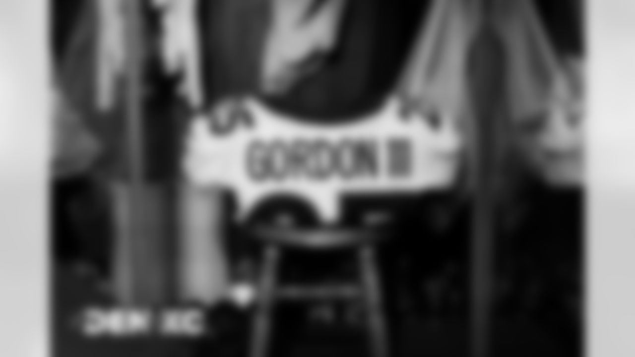 Melvin Gordon III's jersey in the locker room before the Broncos' Week 13 game against the Kansas City Chiefs at Arrowhead Stadium in Kansas City, Missouri. (Photo by Gabriel Christus)