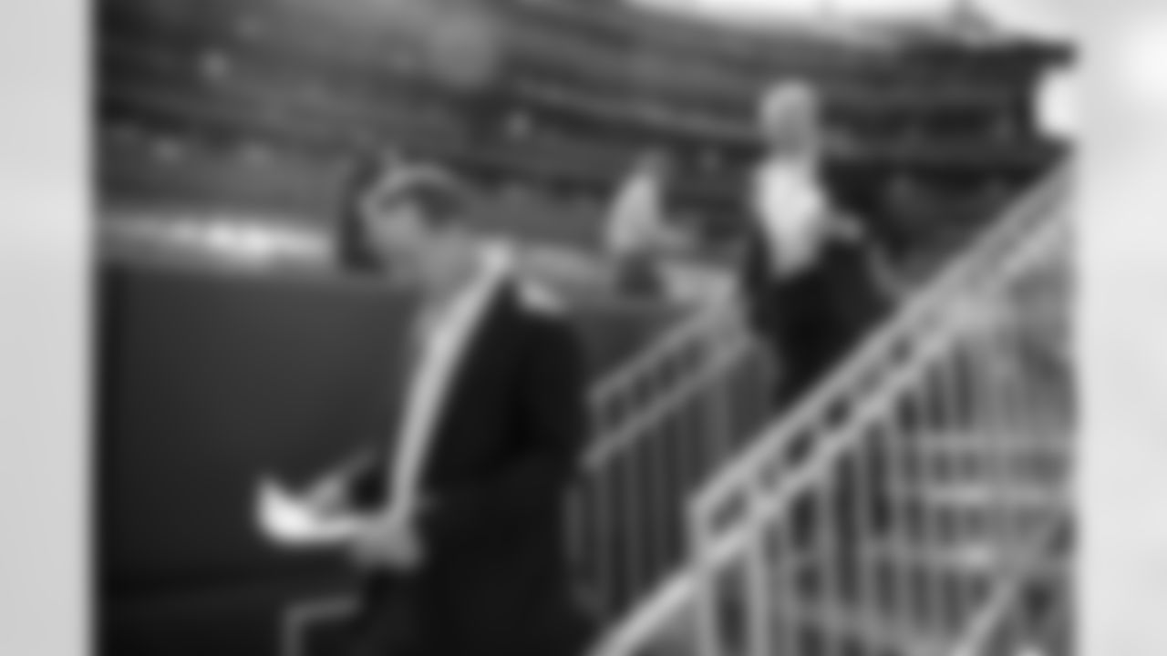 Peyton Manning and John Elway leave the stands during the taping of an episode of Peyton's Places at Empower Field at Mile High on June 26, 2020. (Photo by Ben Swanson)