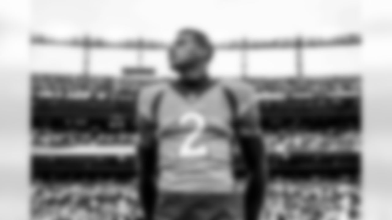 Pat Surtain II during the national anthem before the Denver Broncos' Week 8 game against the Washington Football Team in Denver, Colorado on October 31, 2021. (Photo by Sam Weaver)