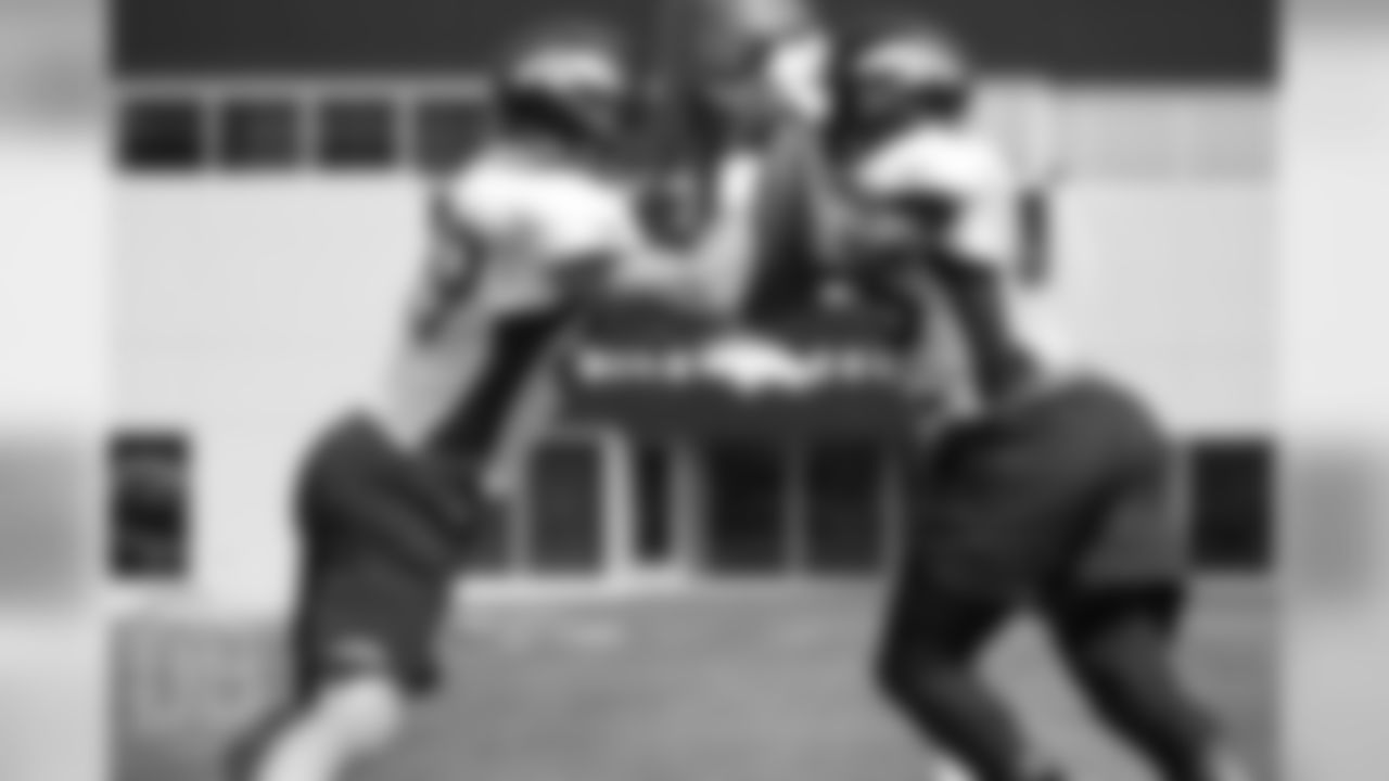Inside linebacker Josey Jewell (59) and inside linebacker Joseph Jones (43) during a practice at UCHealth Training Center on Aug. 13, 2018.