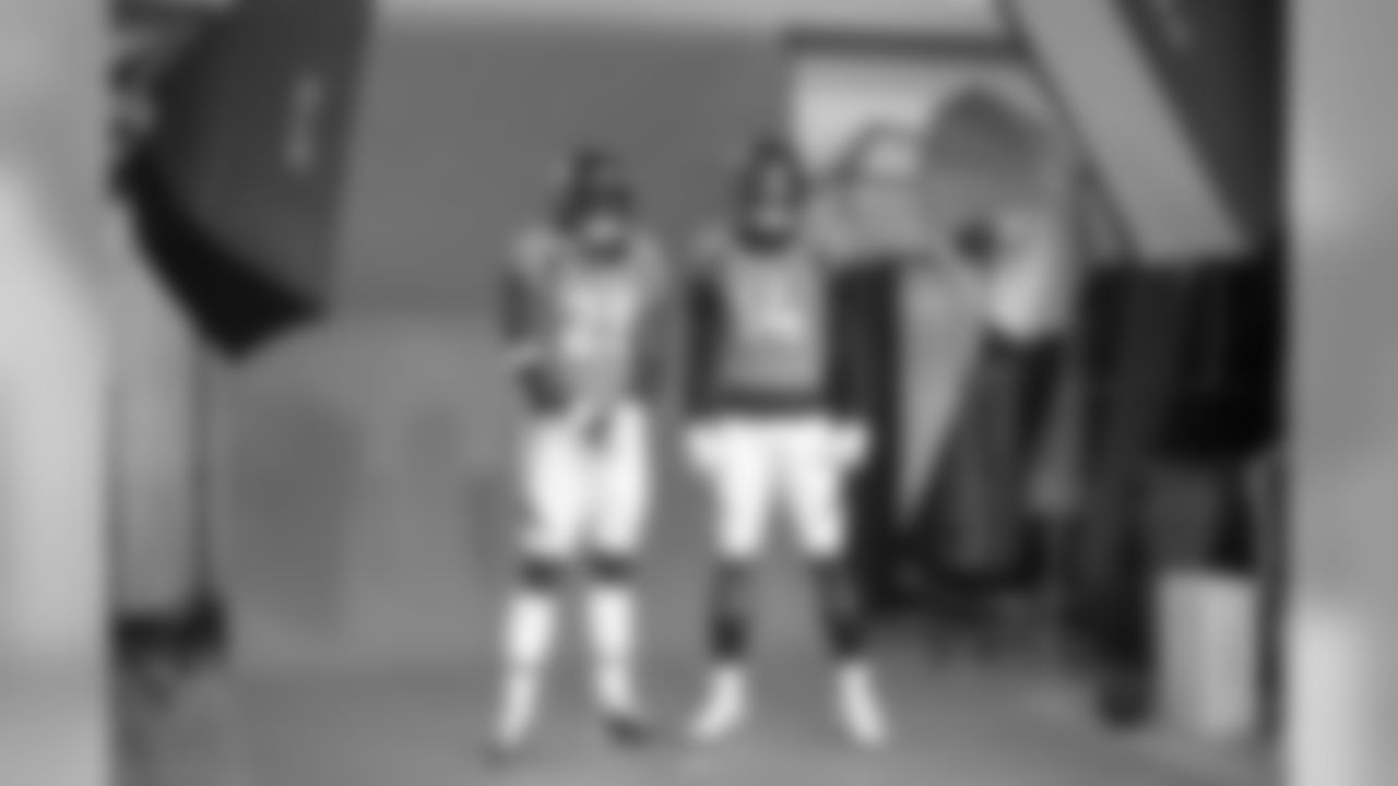 Melvin Gordon III and Courtland Sutton during the team's annual media day photoshoots on August 2, 2020. (Photo by Ben Swanson)