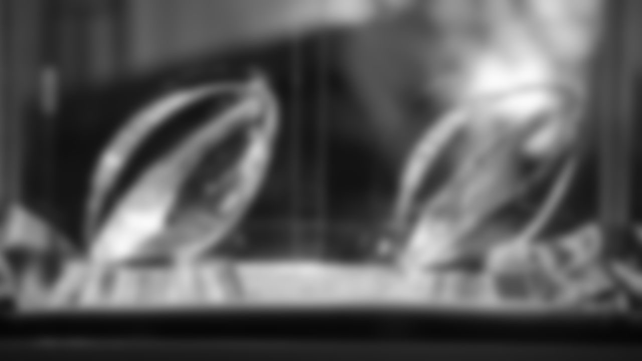 The Broncos' 2013 and 2015 Lamar Hunt trophies for winning the AFC Championship is featured in a display at the open-house tribute to Pat Bowlen at Broncos Stadium at Mile High on June 18, 2019.