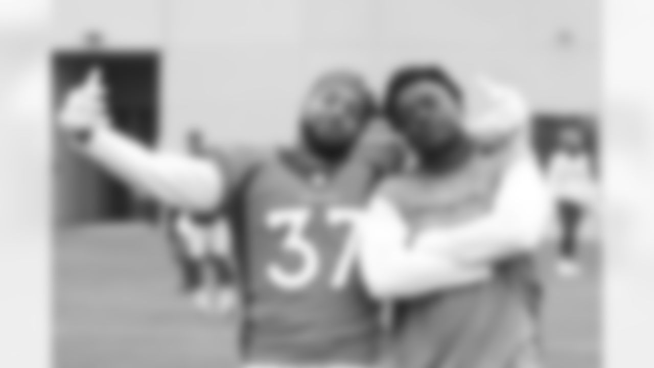 P.J. Locke and Essang Bassey during Training Camp on Thursday, August 19, 2021 at UCHealth Training Center in Englewood, Colorado.
Photo by Gabriel Christus