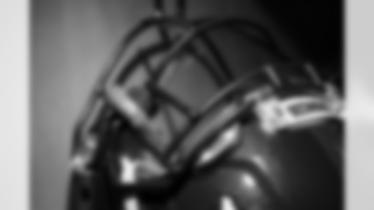 A helmet in the locker room before the Broncos' Week 18 game against the Kansas City Chiefs at Empower Field at Mile High in Denver, Colorado on January 8, 2022. (Photo by Ben Swanson)