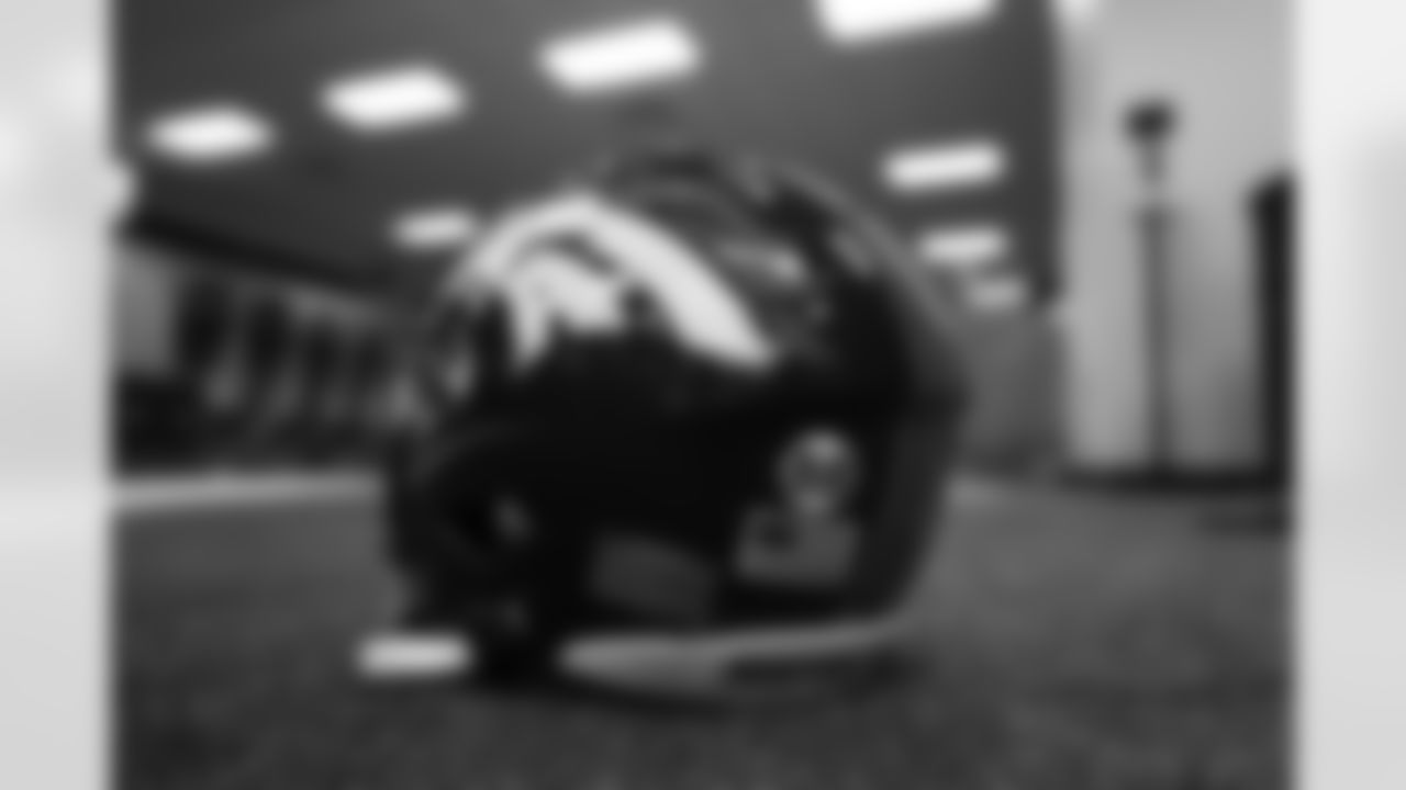 Tim PatrickÕs helmet ahead of the Broncos Week 14 game vs. the Lions at Empower Field at Mile High on December 12, 2021. The Broncos helmets have an 88 decal on them to honor former Broncos WR Demaryius Thomas.
