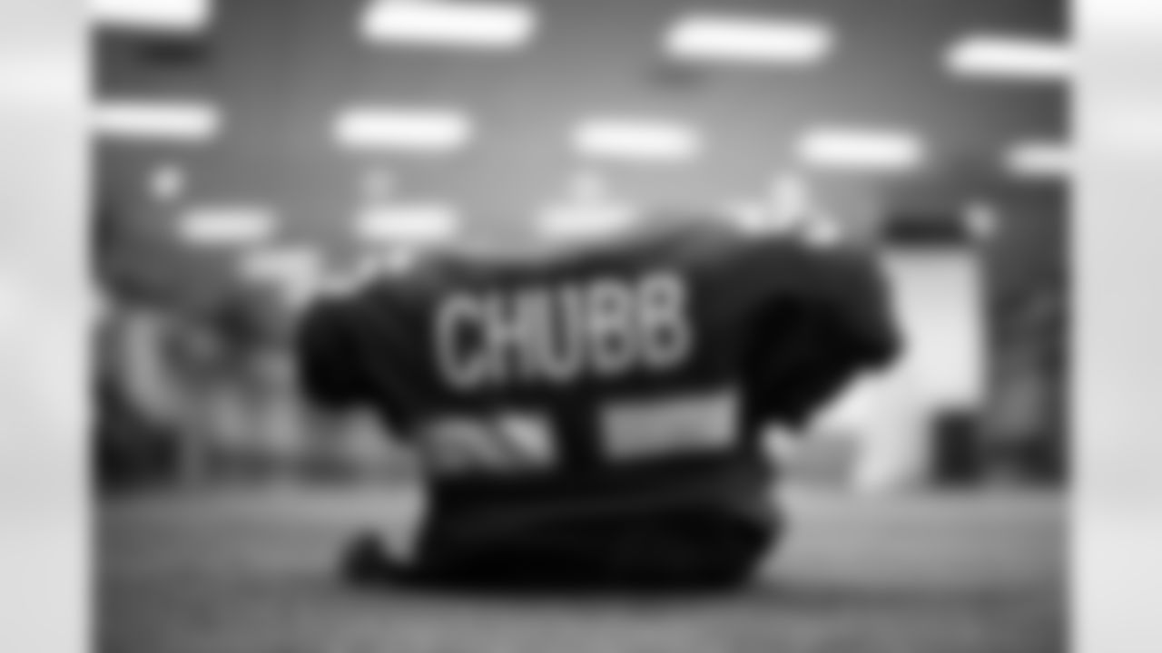 Bradley Chubb's jersey in the locker room before the Broncos' Week 18 game against the Kansas City Chiefs at Empower Field at Mile High in Denver, Colorado on January 8, 2022. (Photo by Ben Swanson)