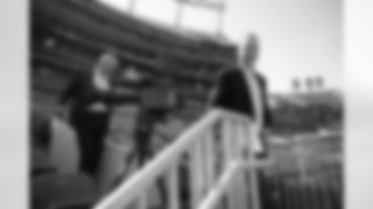 Peyton Manning and John Elway leave the stands during the taping of an episode of Peyton's Places at Empower Field at Mile High on June 26, 2020. (Photo by Ben Swanson)