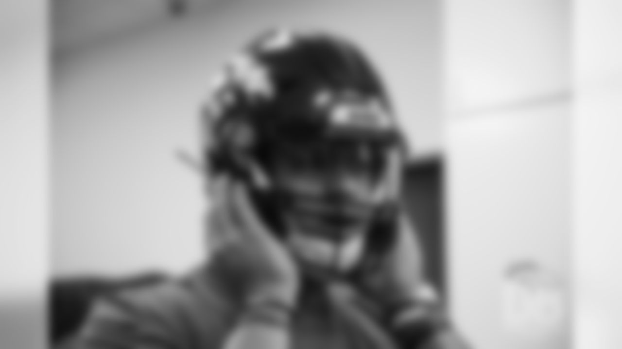 Noah Fant gets fitted for a helmet after arriving at UCHealth Training Center for orientation programs on May 9, 2019.
