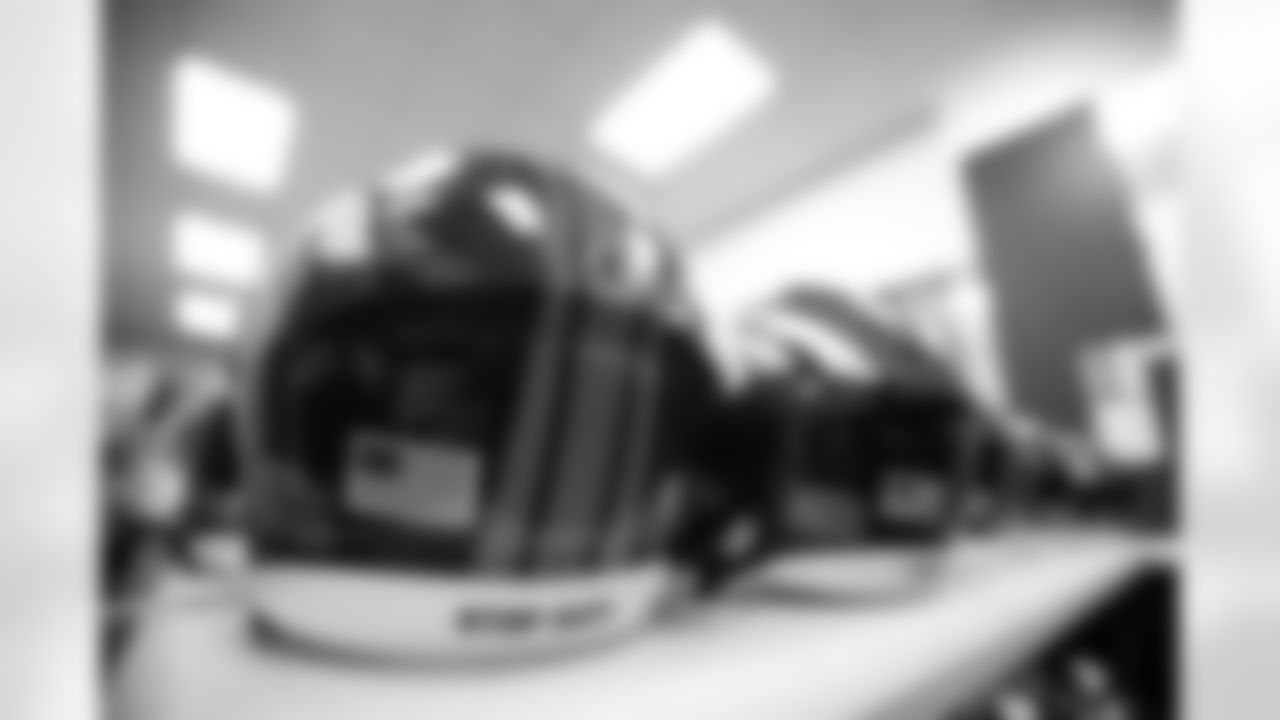Jeff Driskel's helmet bearing a decal that reads "Stop Hate" during the application of decals supporting social justice initiatives and honoring victims of police brutality and racism on September 11, 2020. (Photo by Ben Swanson)
