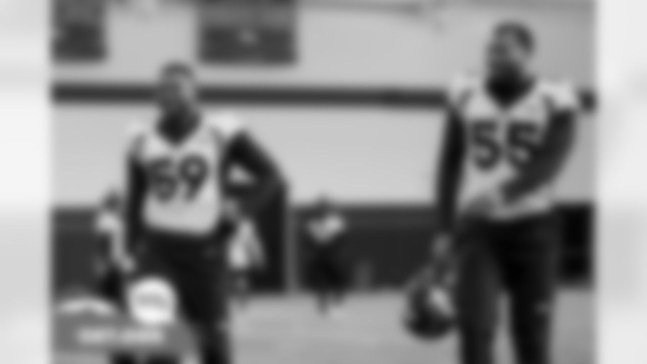 Malik Reed and Bradley Chubb during practice at UCHealth Training Center in Englewood, Colorado on December 10, 2021. (Photo by Ben Swanson)