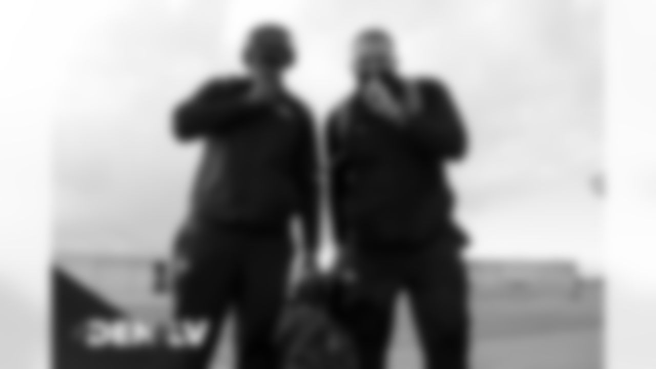 Calvin Anderson and Garett Bolles on the tarmac at Denver International Airport on November 14, 2020 during the team's travel to Las Vegas for a Week 10 game against the Raiders. (Photo by Joe Abdellah)