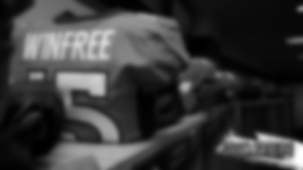 Juwann Winfree's jersey inside the locker room before the Broncos' preseason game against the Arizona Cardinals on August 29, 2019 at Broncos Stadium at Mile High. (Photo by Ben Swanson)