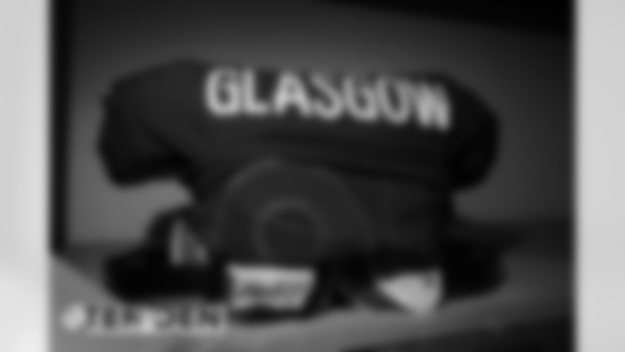 Graham Glasgow's jersey in the locker room before the Broncos' Week 1 game against the Tennessee Titans at Empower Field at Mile High in Denver, Colorado, on September 14, 2020. (Photo by Ben Swanson)