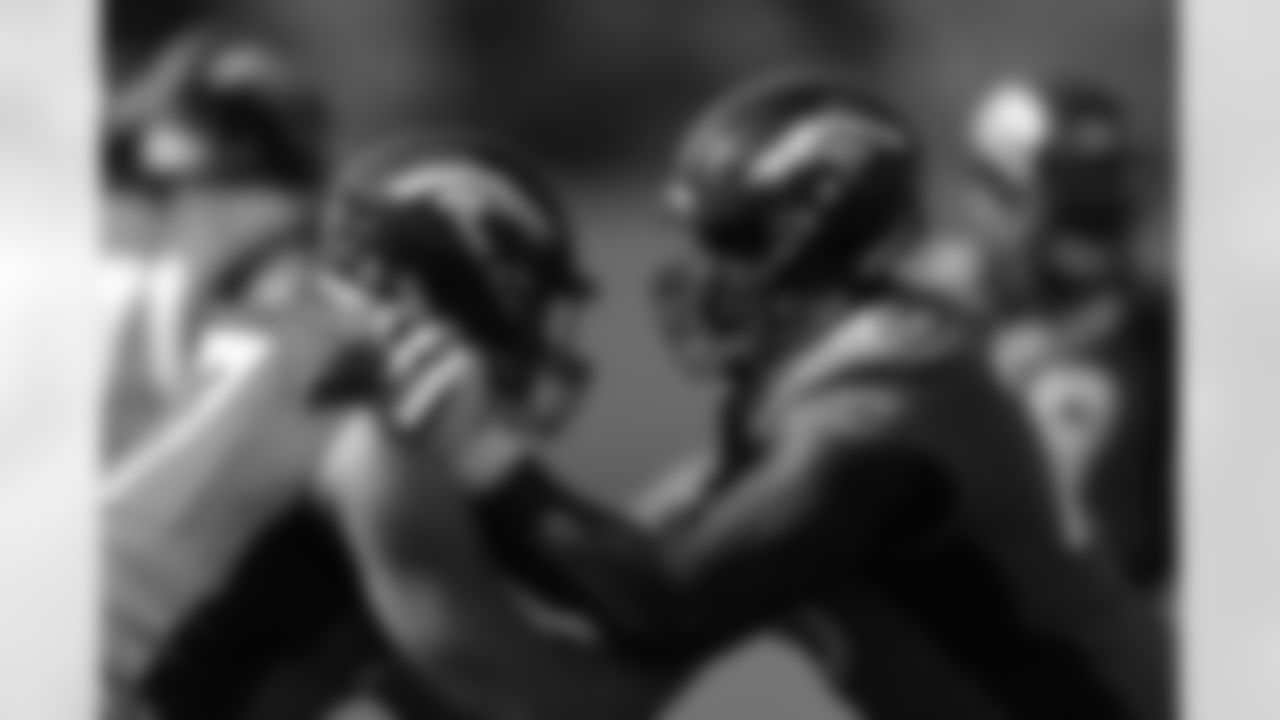 Hunter Watts and Demar Dotson during training camp at UCHealth Training Center in Centennial, CO, August 19, 2020.
Photo by Gabriel Christus