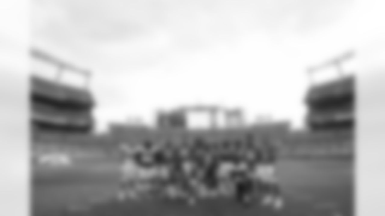 The rookies take a group photo after practice on Day 12 of training camp at Empower Field at Mile High on August 29, 2020. Pictured from left to right: (top row) Derrek Tuszka, McTelvin Agim, Hunter Watts, Lloyd Cushenberry III, Albert Okwuegbunam, Netane Muti, KJ Hamler, Douglas Coleman III, Jerry Jeudy, Essang Bassey, Tyrie Cleveland, Cody White; (bottom row) Kendall Hinton, LeVante Bellamy and Michael Ojemudia. (Photo by Ben Swanson)