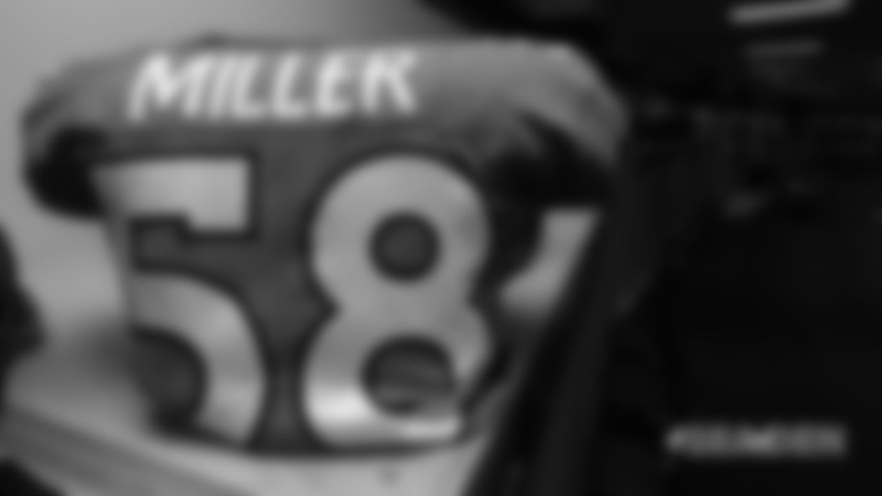 Von Miller's jersey in the locker room pregame before the Broncos' Week 1 game against the Seattle Seahawks at Broncos Stadium at Mile High on September 9, 2018.