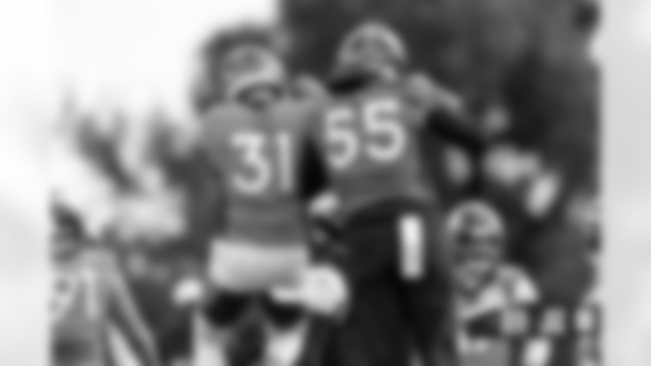Justin Simmons and Bradley Chubb at practice at Harrow School just outside London, England in the United Kingdom on October 28, 2022. (Photo by Gabriel Christus)