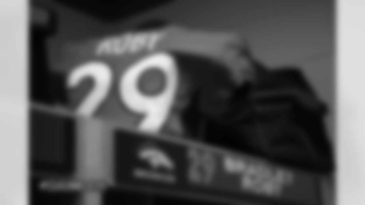 Bradley Roby's jersey in the locker room pregame before the Broncos' Week 2 game against the Oakland Raiders at Broncos Stadium at Mile High on September 16, 2018.