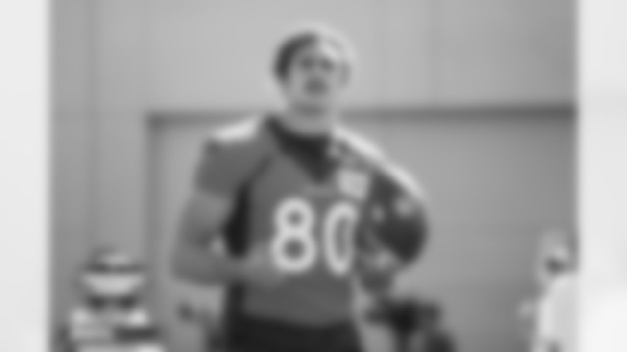 Greg Dulcich during practice on Day 1 of training camp at UCHealth Training Center in Englewood, Colorado on July 27, 2022. (Photo by Ben Swanson)