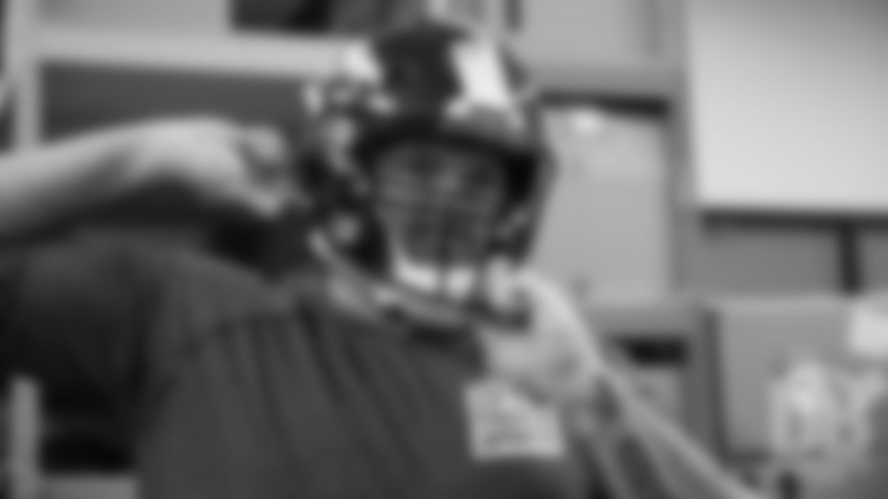 Dalton Risner gets fitted for a helmet after arriving at UCHealth Training Center for orientation programs on May 9, 2019.