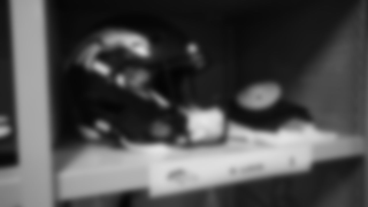 Drew Lock's helmet inside the locker room during the equipment setup before the Broncos' preseason matchup with the Falcons in the Pro Football Hall of Fame Game on August 1, 2019 at Tom Benson Hall of Fame Stadium.