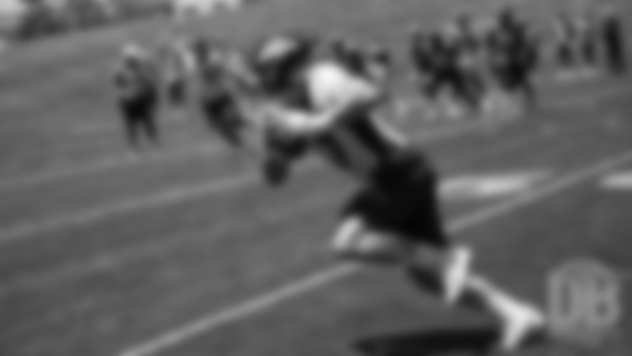 Josey Jewell returns an interception during the Broncos' practice on the eight day of their OTAs on May 30, 2019.