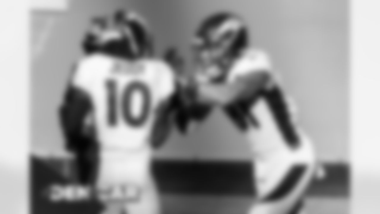 Jerry Jeudy and Tim Patrick during the NFL game against the Carolina Panthers at Bank of America Stadium in Charlotte, North Carolina, December 13, 2020.
Photo by Jacob Kupferman