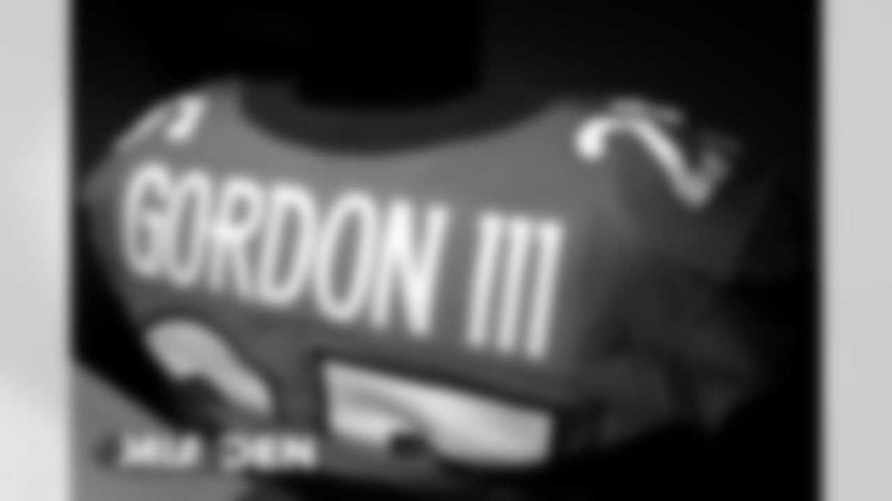 Melvin Gordon III's jersey in the locker room before the Broncos' Week 11 game against the Miami Dolphins at Empower Field at Mile High in Denver, Colorado on November 22, 2020. (Photo by Ben Swanson)