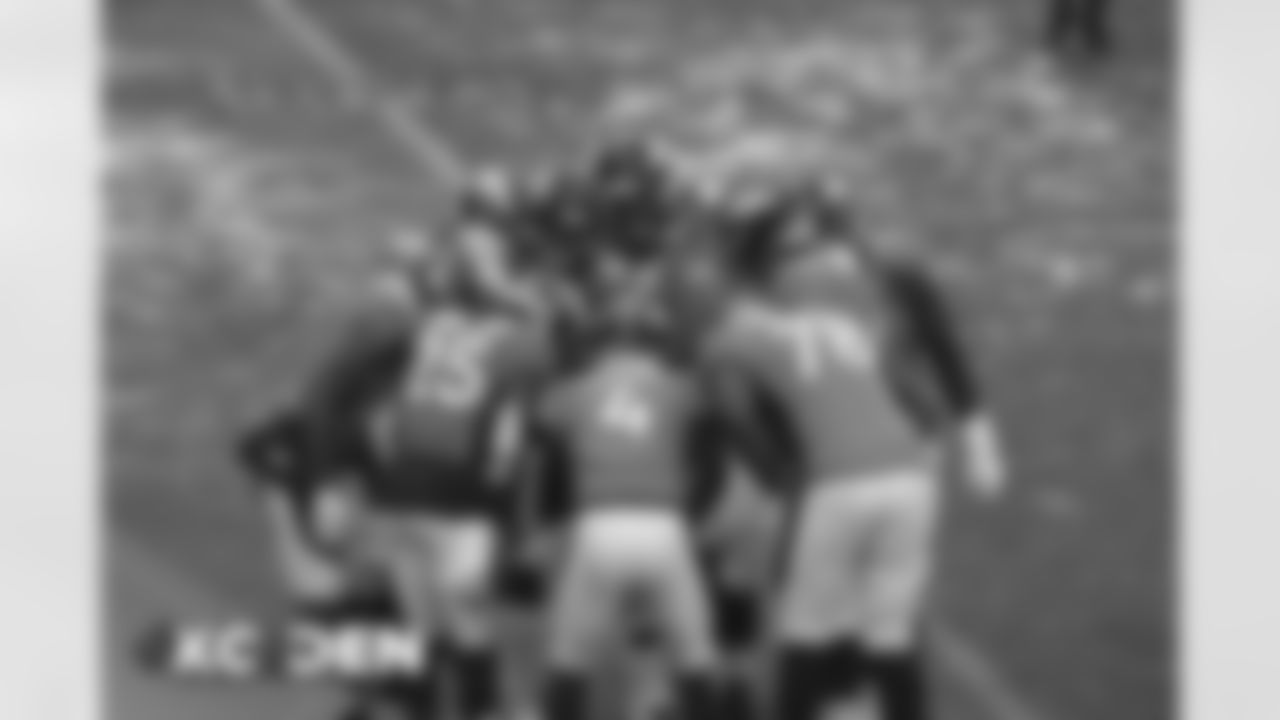 Denver Broncos quarterback Brett Rypien (4), running back Melvin Gordon III (25), offensive tackle Demar Dotson (78) in the huddle during the NFL game against the Kansas City Chiefs at Empower Field at Mile High in Denver, Colorado, October 25, 2020.
Photo by Gabriel Christus