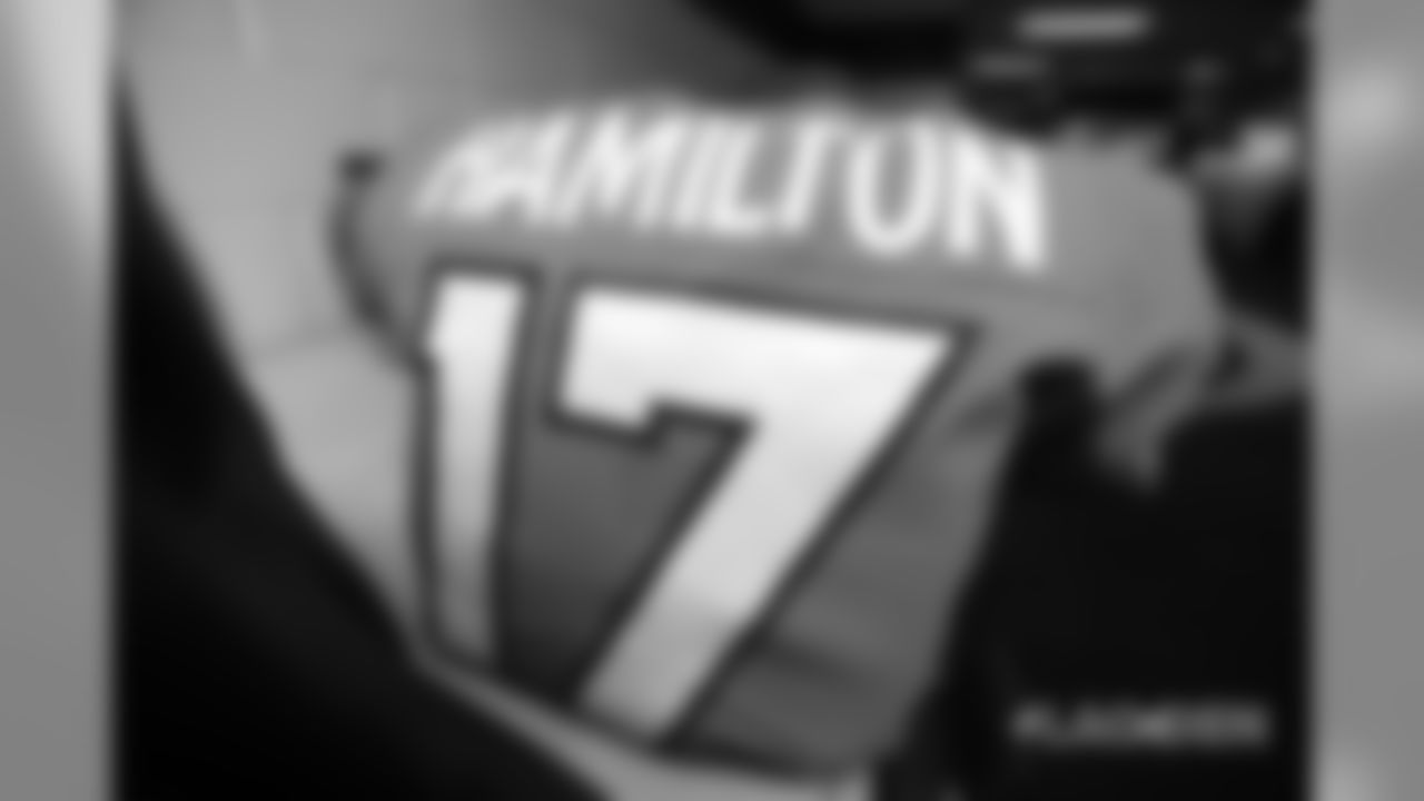 DaeSean Hamilton's jersey in the locker room before the Broncos' Week 17 game against the Los Angeles Chargers at Broncos Stadium at Mile High on December 30, 2018.