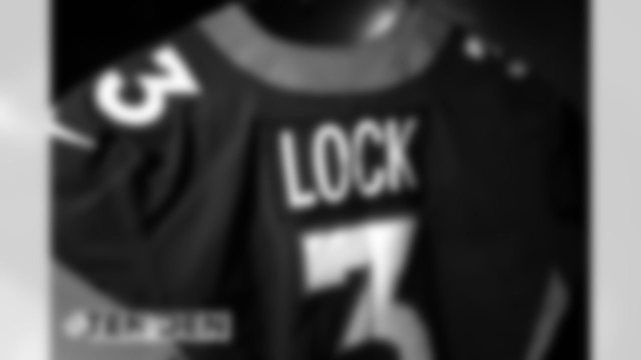 Drew Lock's jersey during a photoshoot of select players' blue alternate jerseys on September 11, 2020. (Photo by Ben Swanson)