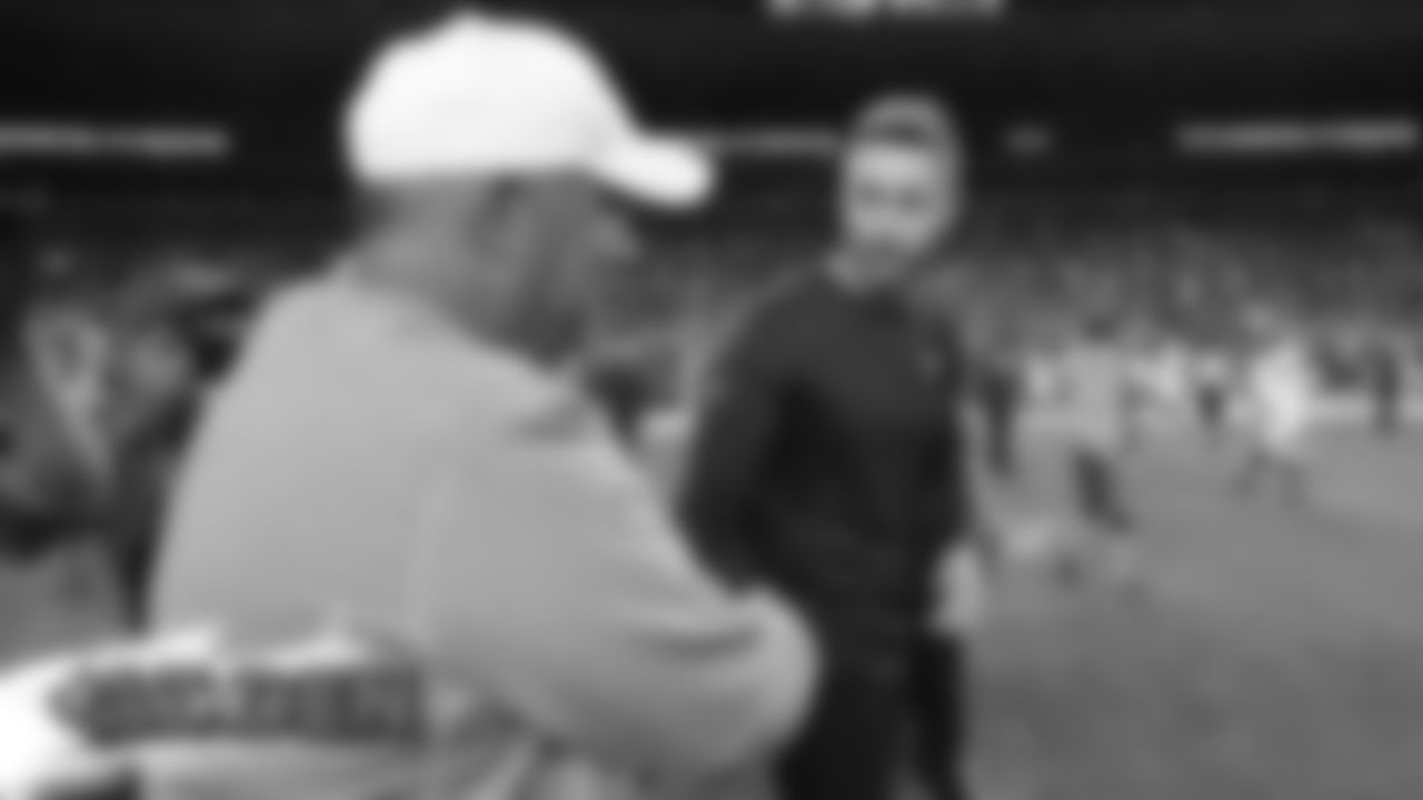 Head Coach Vic Fangio greets Cardinals head coach Kliff Kingsbury during the Broncos' preseason game against the Arizona Cardinals on August 29, 2019 at Broncos Stadium at Mile High. (Photo by Gabriel Christus)