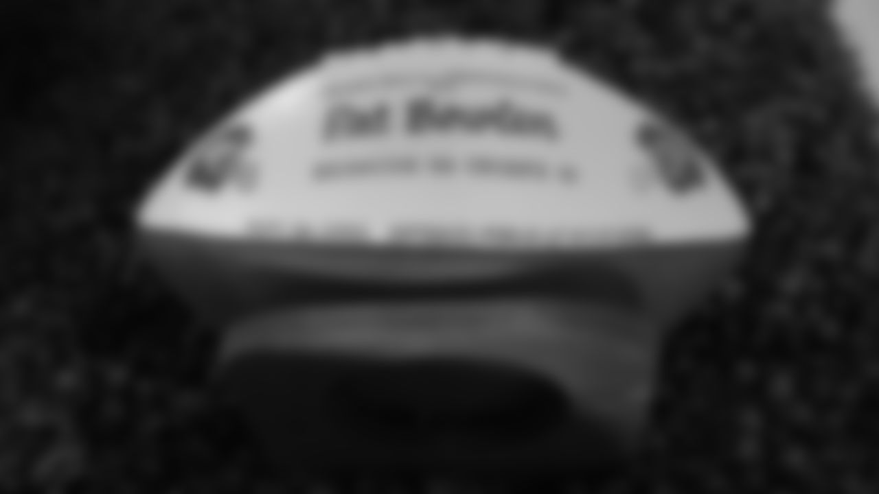 Mr. Bowlen's game football from the Broncos' September 26, 2005, victory over the Chiefs is featured in a display at the open-house tribute to Pat Bowlen at Broncos Stadium at Mile High on June 18, 2019.