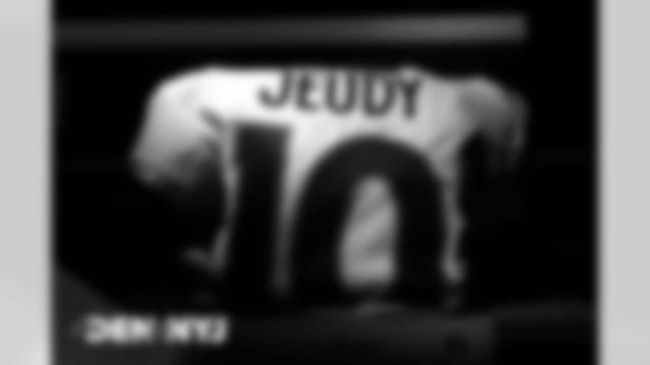 Jerry Jeudy's jersey in the equipment room before the Broncos' Week 4 game against the New York Jets at MetLife Stadium in East Rutherford, New Jersey. (Photo by Ben Swanson)