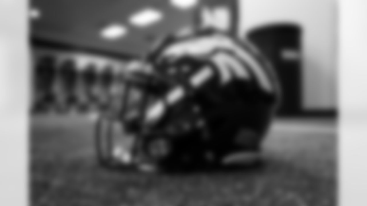 A helmet in the locker room before the Broncos' Week 3 game against the New York Jets at Empower Field at Mile High in Denver, Colorado on September 26, 2021. (Photo by Sam Weaver)
