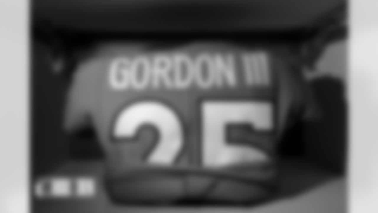 Melvin Gordon III's jersey in the locker room before the Broncos' Week 2 game against the Houston Texans at Empower Field at Mile High in Denver, Colorado on September 18, 2022. (Photo by Ben Swanson)
