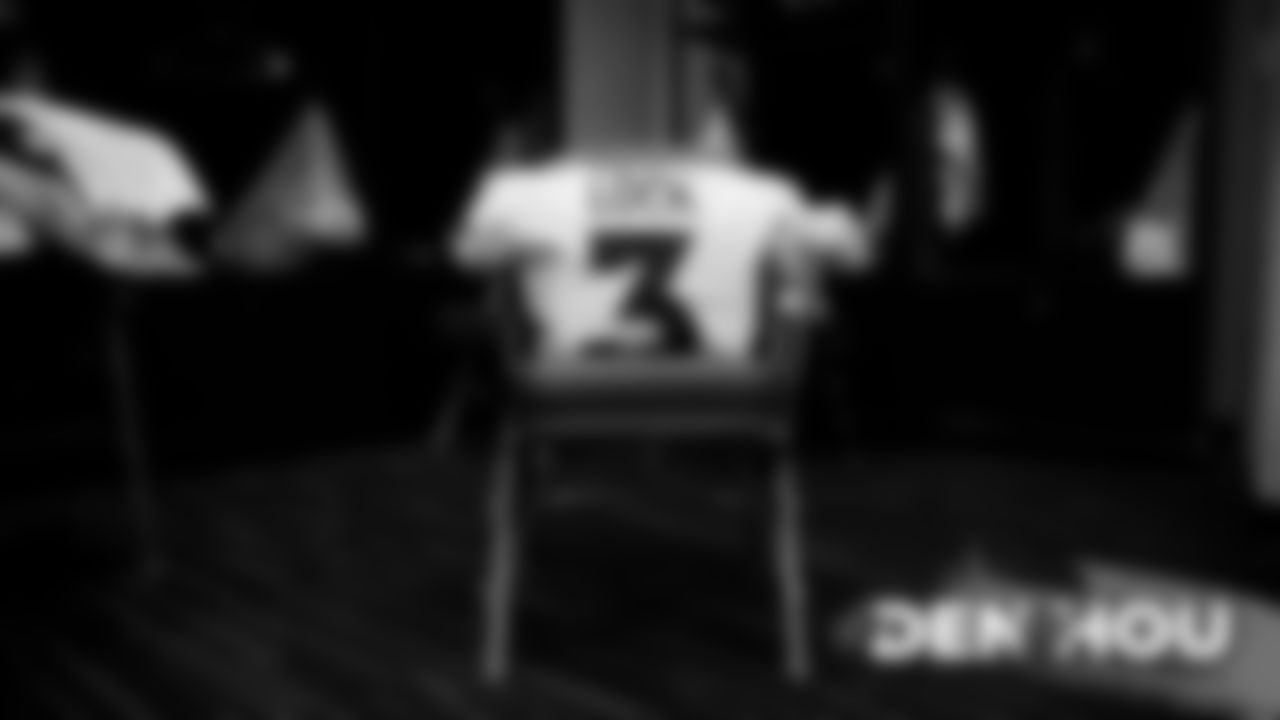 Drew Lock's jersey in the locker room before the Broncos' Week 14 game against the Houston Texans at NRG Stadium on December 8, 2019. (Photo by Ben Swanson)
