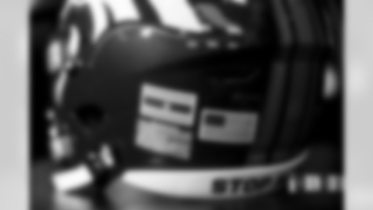 Corliss Waitman's helmet in the locker room before the Broncos' Week 4 game against the Las Vegas Raiders at Allegiant Stadium in Las Vegas, Nevada on October 2, 2022. (Photo by Gabriel Christus)