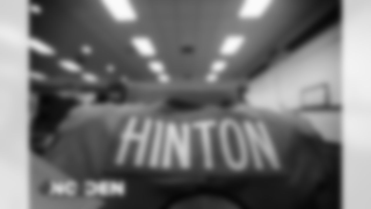 Kendall Hinton's jersey in the locker room before the Broncos' Week 12 game against the New Orleans Saints at Empower Field at Mile High on November 29, 2020. (Photo by Ben Swanson)