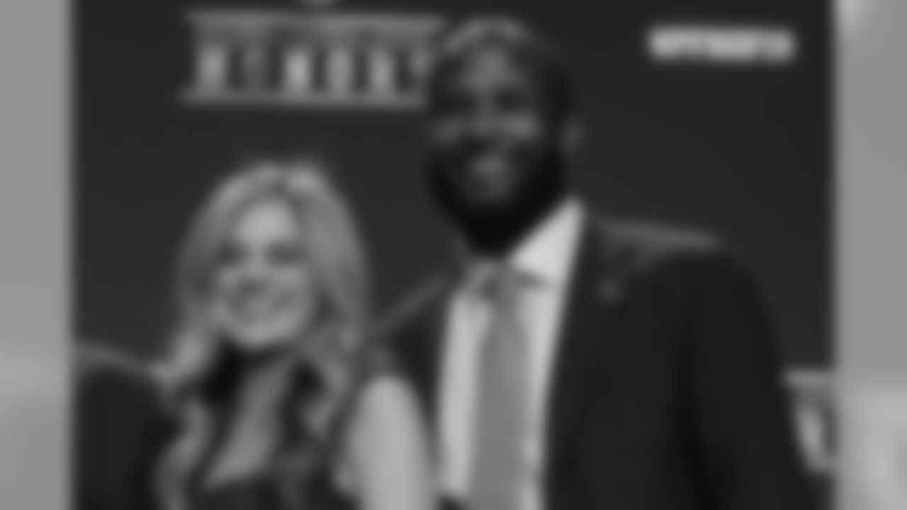Annabel Bowlen, representing her father Pat Bowlen, and Champ Bailey at the press conference for the Pro Football Hall of Fame's Class of 2019 on February 2, 2019.