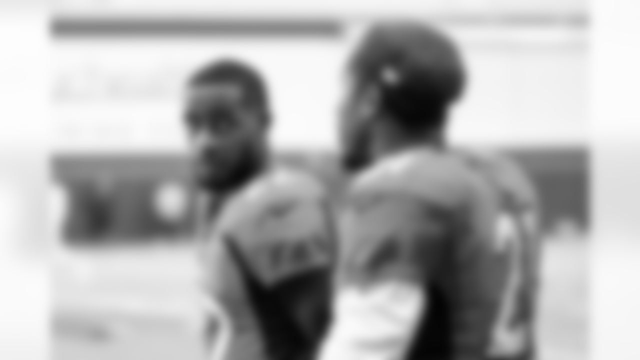 Kareem Jackson and Ronald Darby during practice on Day 10 of training camp at UCHealth Training Center on August 8, 2021. (Photo by Ben Swanson)