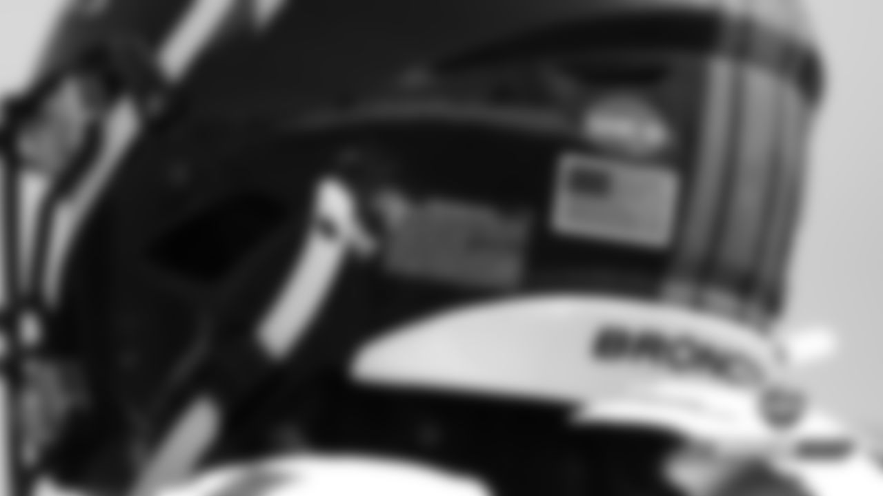A look at the Mr. B decal that will remain in place on the backs of helmets for the entire season in action during practice on Day 1 of training camp on July 18, 2019.