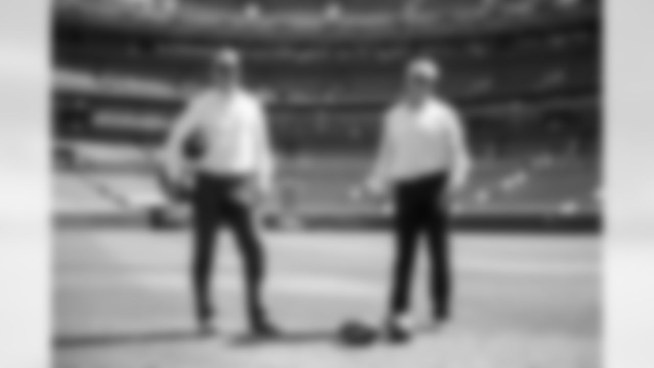 Peyton Manning and John Elway talk during the taping of an episode of Peyton's Places at Empower Field at Mile High on June 26, 2020. (Photo by Ben Swanson)
