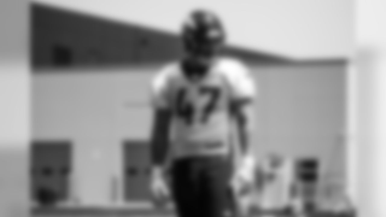 Inside linebacker Josey Jewell (47) at practice on the first day of rookie camp on July 25, 2018.