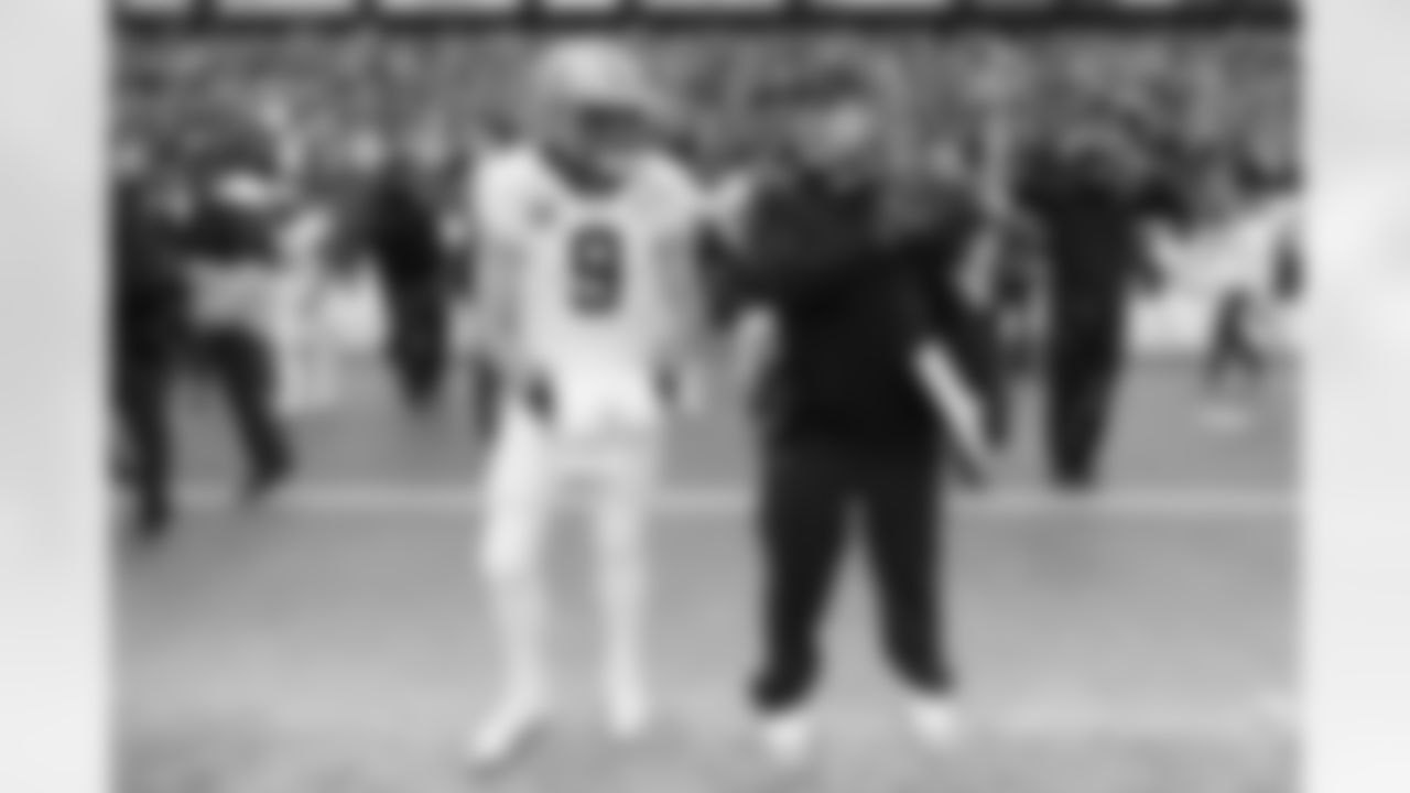 New Orleans Saints quarterback Drew Brees (9) and head coach Sean Payton wait for the start of an NFL football game between the Saints and the Tennessee Titans Sunday, Dec. 22, 2019, in Nashville, Tenn. (AP Photo/Mark Zaleski)