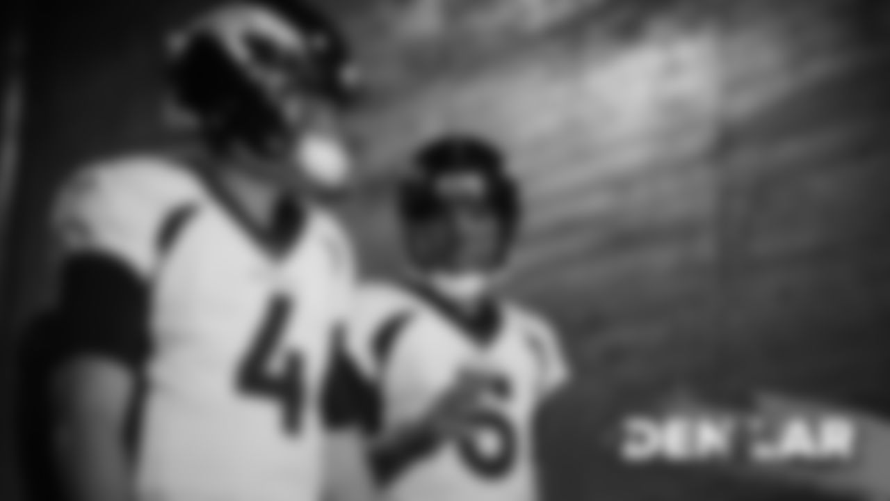 Brett Rypien and Joe Flacco before the Broncos' preseason game against the Los Angeles Rams on August 24, 2019 at the Los Angeles Memorial Coliseum. (Photo by Gabriel Christus)