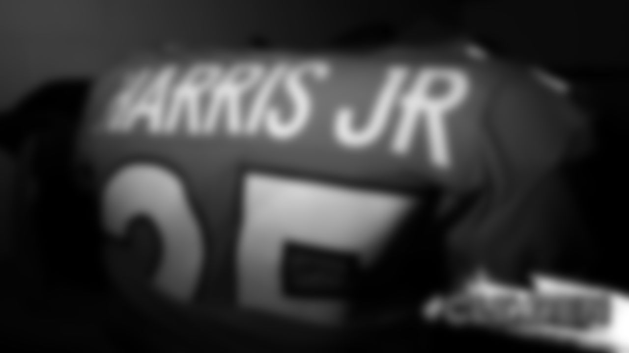 Chris Harris Jr.'s jersey in the locker room before the Broncos' game against the Cleveland Browns at Empower Field at Mile High on November 3, 2019. (Photo by Ben Swanson)