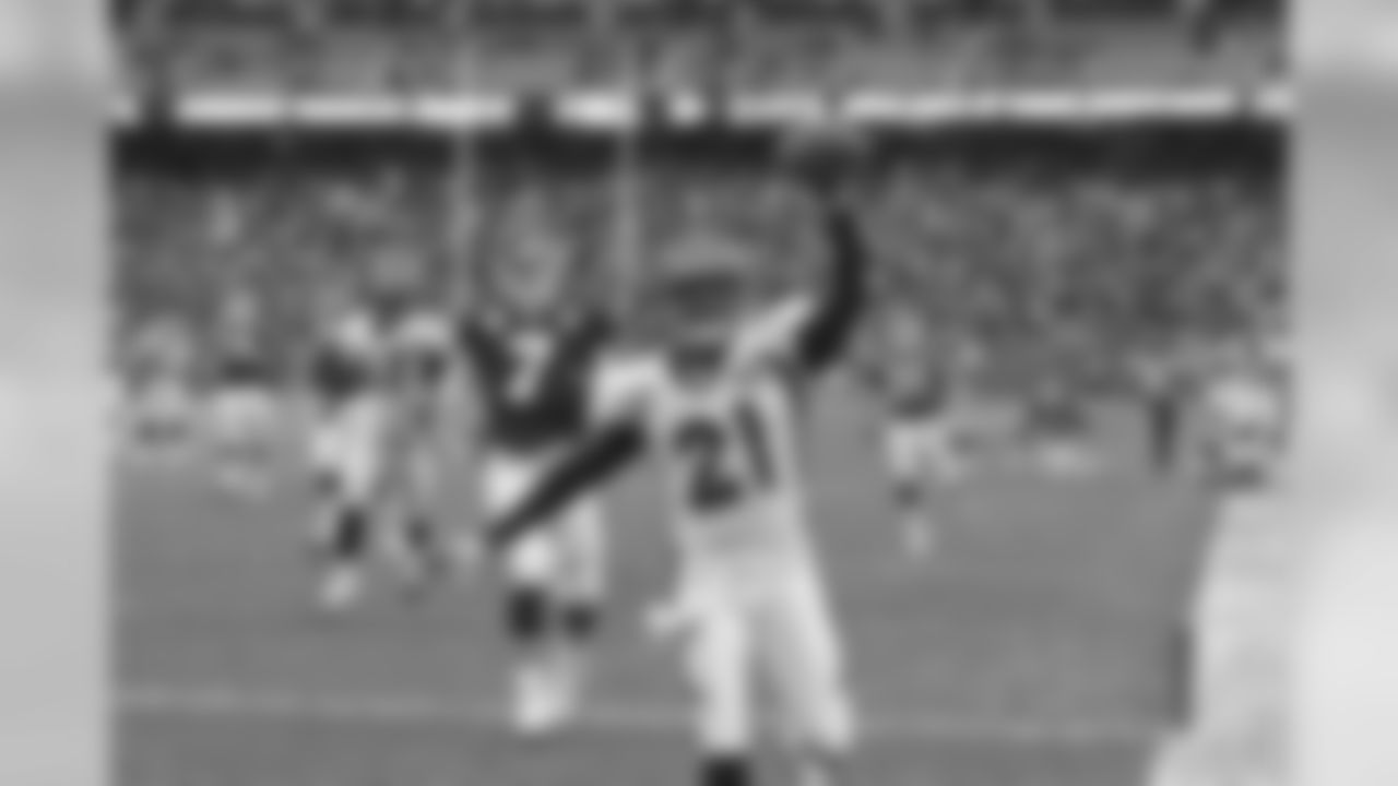 Andre Goodman celebrates after returning a fumble for a touchdown in the NFL game against the Kansas City Chiefs, December 6, 2009 in Kansas City,MO.